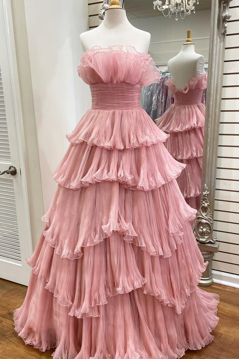 Candy Pink Tulle A-line Strapless Ruffles layers Long Prom Dress   Dreamdressy