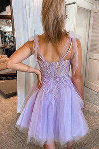 Lilac Floral Lace Tie-Strap A-Line Short Party Dress