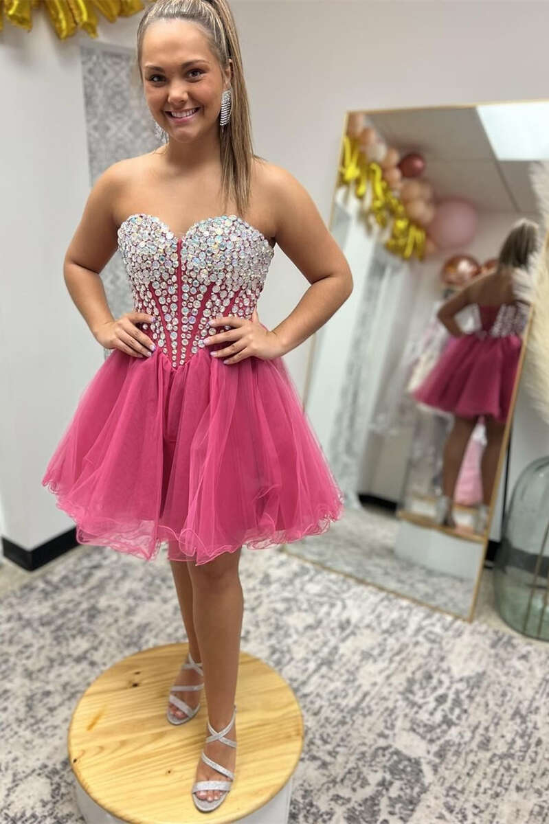 Hot Pink Strapless Beaded A-Line Short Party Gown Dreamdressy Hot Pink Strapless Beaded A-Line Short Party Gown Dreamdressy