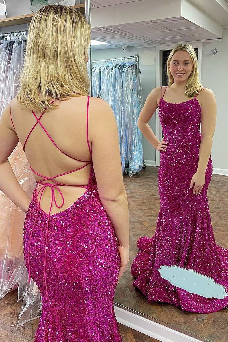 Magenta Sequin Scoop Neck Lace-Up Mermaid Long Formal Dress Magenta Sequin Scoop Neck Lace-Up Mermaid Long Formal Dress