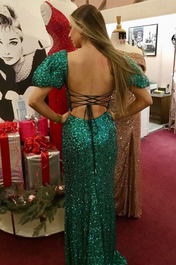 Green Sequin Square Neck Puff Sleeve Backless Mermaid Long Prom Dress Dreamdressy Green Sequin Square Neck Puff Sleeve Backless Mermaid Long Prom Dress Dreamdressy