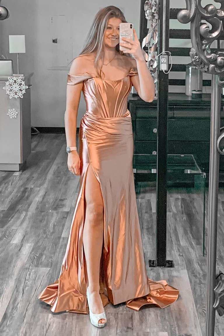 Magenta Satin Off-the-Shoulder Mermaid Long Formal Dress with Slit