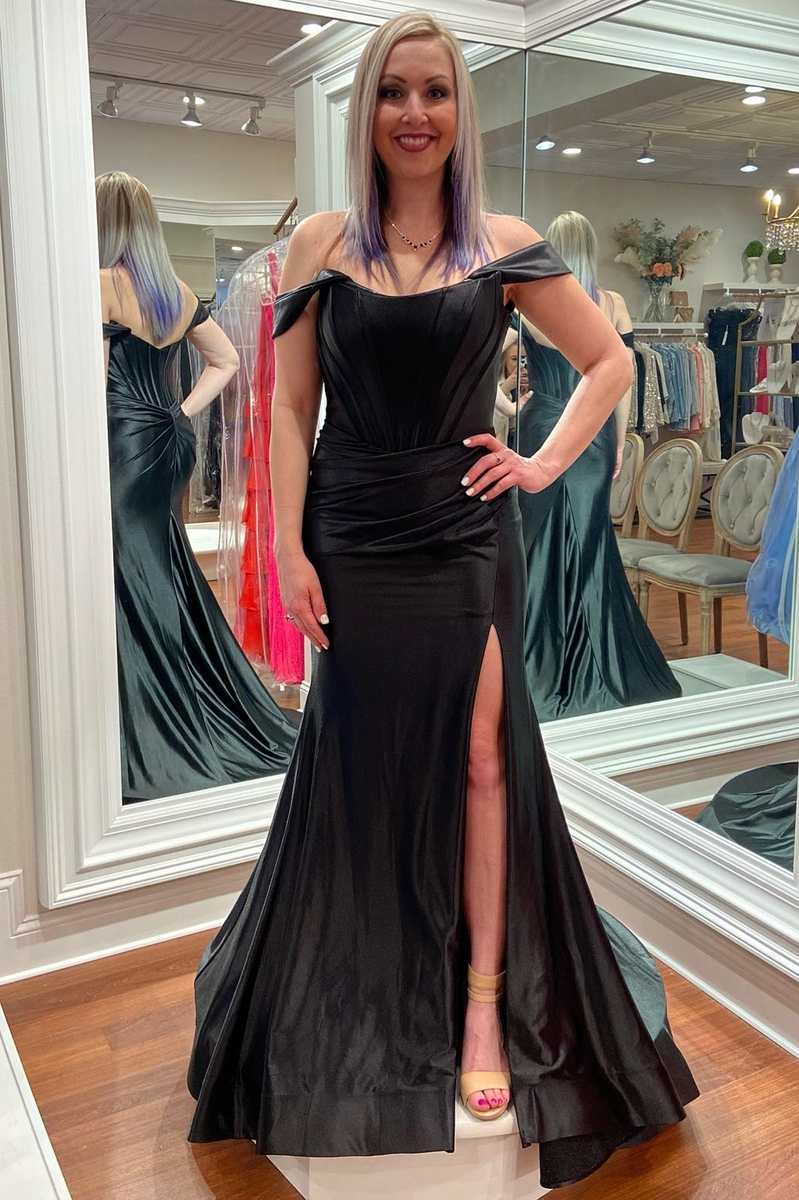 Magenta Satin Off-the-Shoulder Mermaid Long Formal Dress with Slit