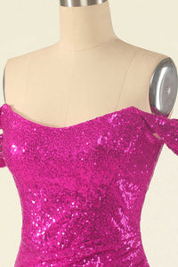Neon Pink Sequins Off-the-Shoulder Mini Homecoming Dress