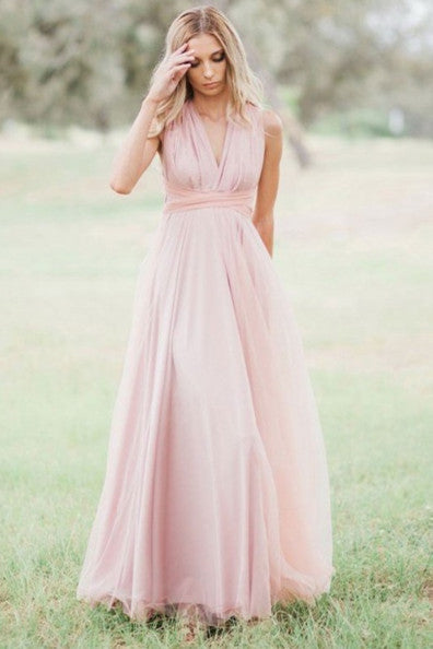 Blush Pink V-Neck Lace-Up A-Line Bridesmaid Dress Dreamdressy Blush Pink V-Neck Lace-Up A-Line Bridesmaid Dress Dreamdressy