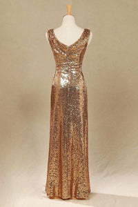 Gold Sequin V-Neck Long Bridesmaid Dress