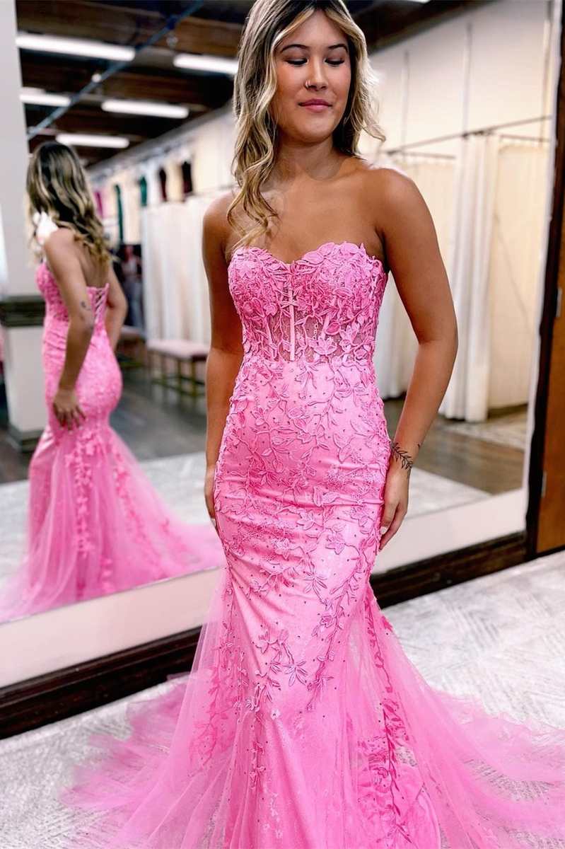 women's dark pink strapless dress for wedding Hot Pink Appliques Sweetheart Trumpet Long Prom Gown – Dreamdressy