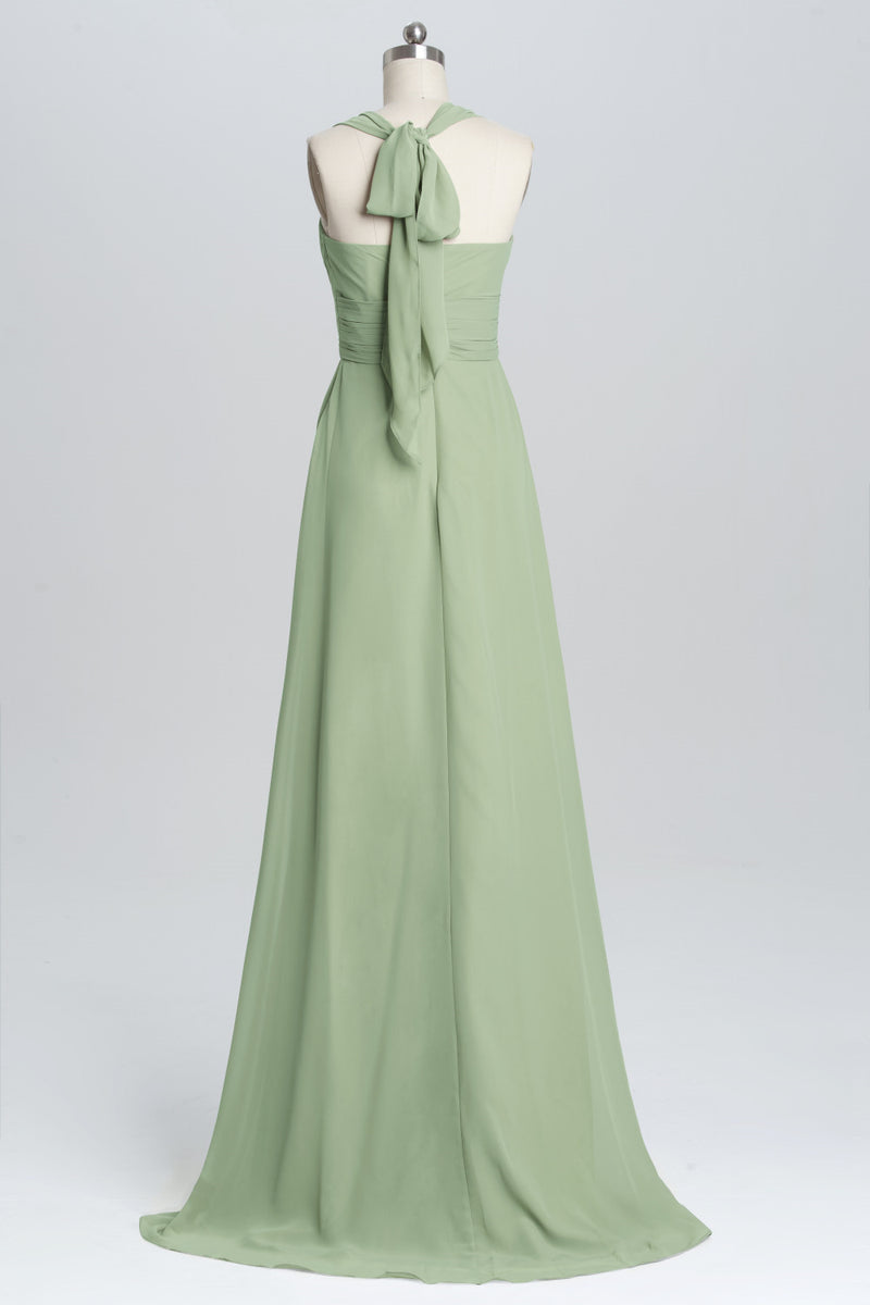 Halter Sage Pleated Ruffles Long Bridesmaid Dress – Dreamdressy