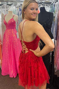 Red Appliques V-Neck Lace-Up A-Line Homecoming Dress