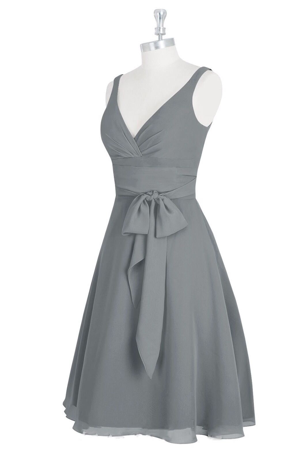 Grey Chiffon V-Neck Tie Front A-Line Short Bridesmaid Dress – Dreamdressy