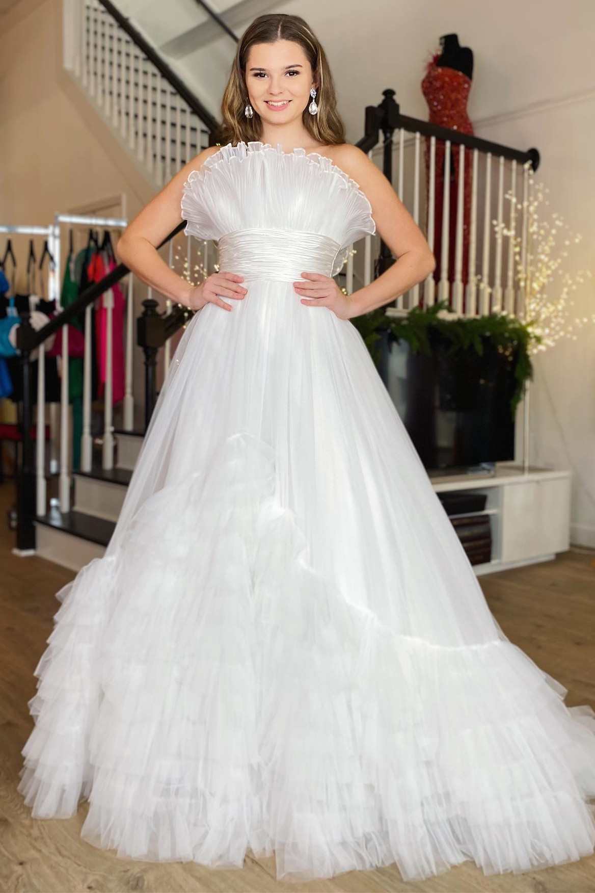 Black Tulle Strapless Belted Tiered Long Dress with Ruffles