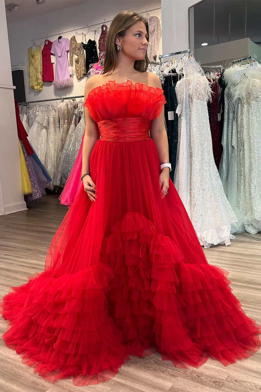 Black Tulle Strapless Belted Tiered Long Dress with Ruffles