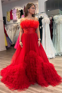 Black Tulle Strapless Belted Tiered Long Dress with Ruffles