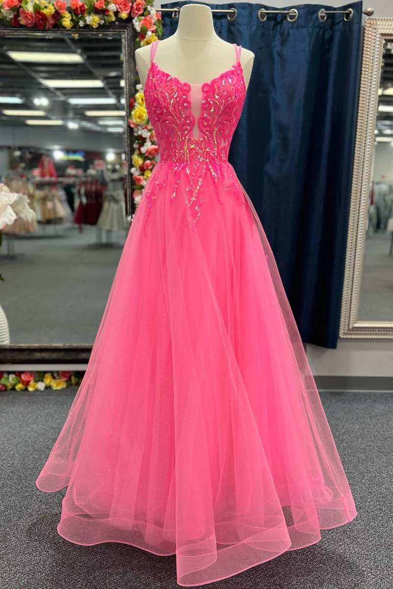 Hot Pink Tulle Appliques Lace-Up A-Line Long Prom Dress