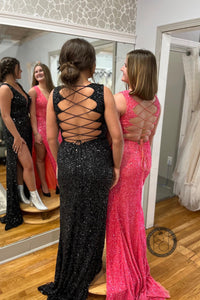 Squines Mermaid V  Neckline Lace-Up Back Slit Long Prom Dress