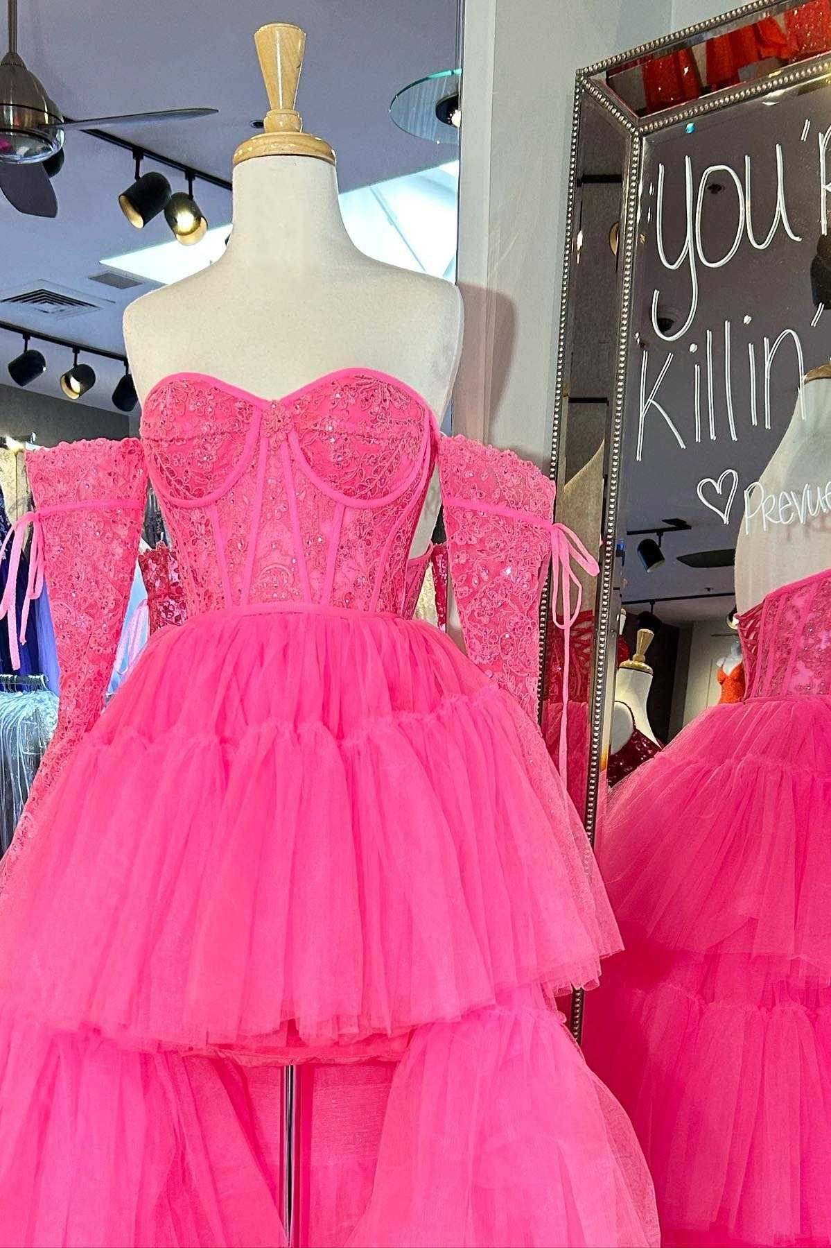 sachin and babi light blue dress Pink High Low Prom Dresses with Feather Bodice, Ruffle Bottom, Pageant Dresses SU070 Pink / Custom Size