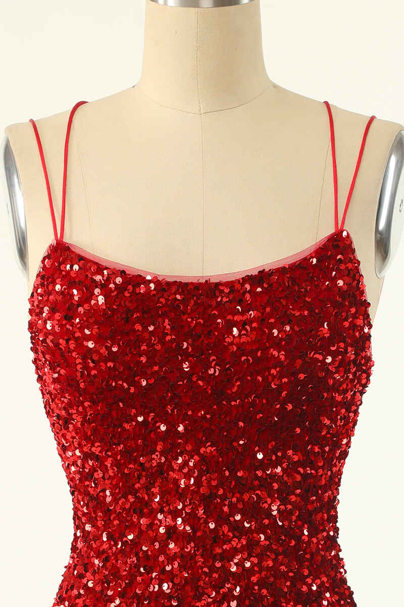 Red Sequin Lace-Up Bodycon Mini Homecoming Dress