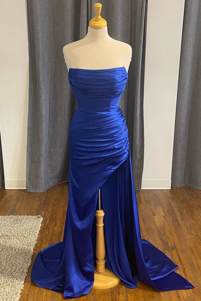 Blue Satin Strapless Mermaid Long Formal Dress with Slit Dreamdressy Blue Satin Strapless Mermaid Long Formal Dress with Slit Dreamdressy