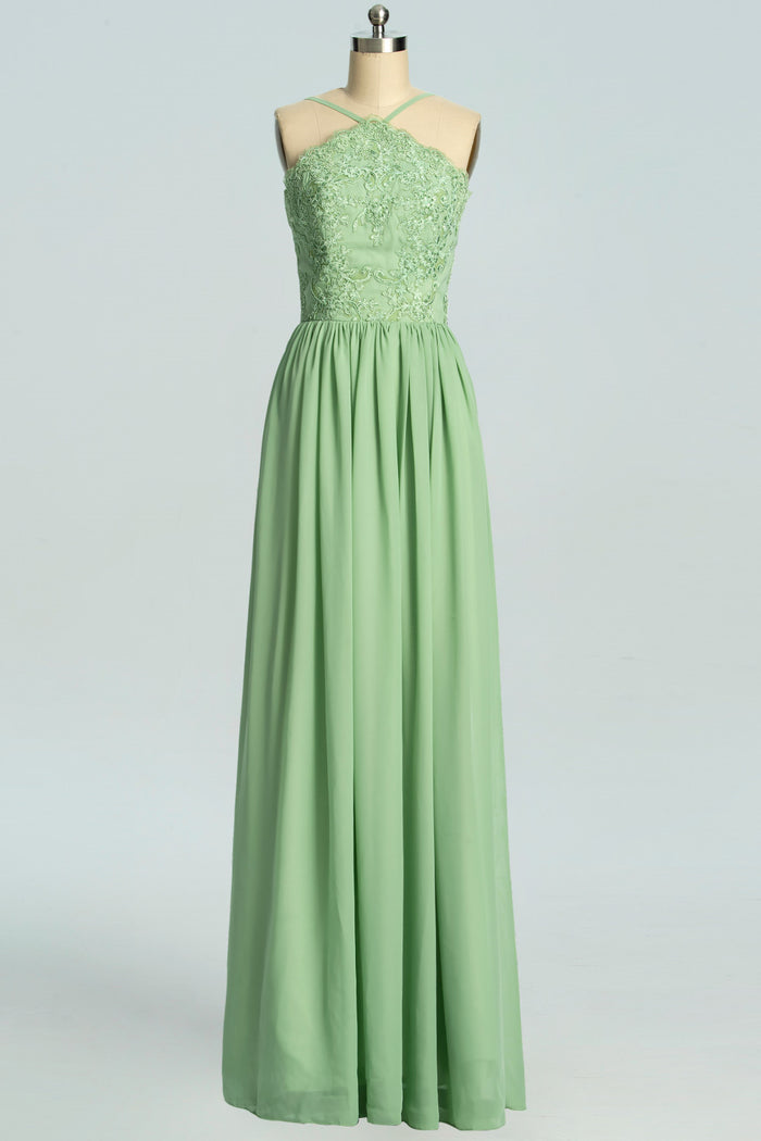 Straps Sage Green Chiffon Appliques Long Bridesmaid Dress