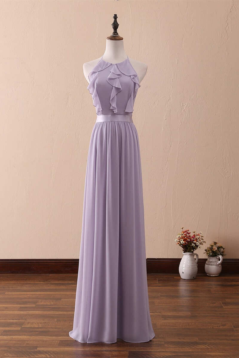 bridesmaid light purple dresses Lilac Halter Open Back Ruffled Long Bridesmaid Dress – Dreamdressy