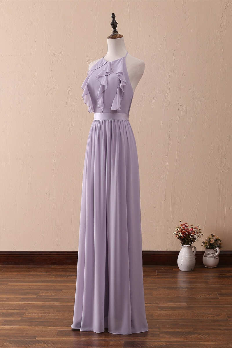 Lilac Halter Open Back Ruffled Long Bridesmaid Dress – Dreamdressy Lilac Halter Open Back Ruffled Long Bridesmaid Dress – Dreamdressy