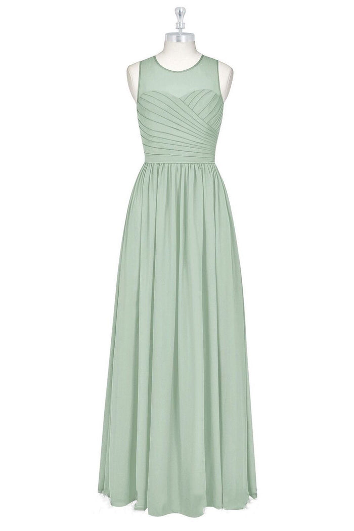 Sage Green Chiffon Sheer Neck A-Line Long Bridesmaid Dress