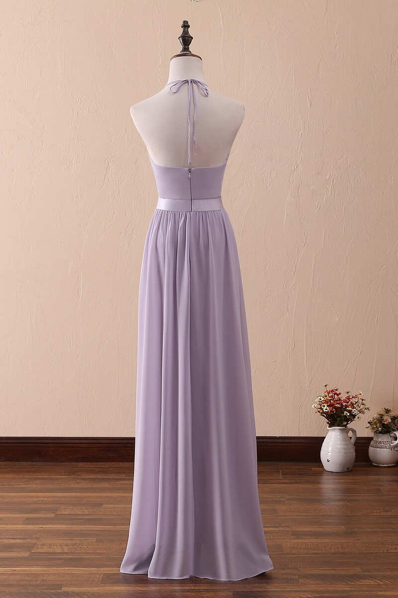 pastel purple bridesmaid dresses Lilac Halter Open Back Ruffled Long Bridesmaid Dress – Dreamdressy