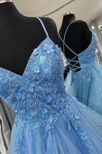 Blue Floral Appliques Lace-Up Tiered A-Line Prom Dress