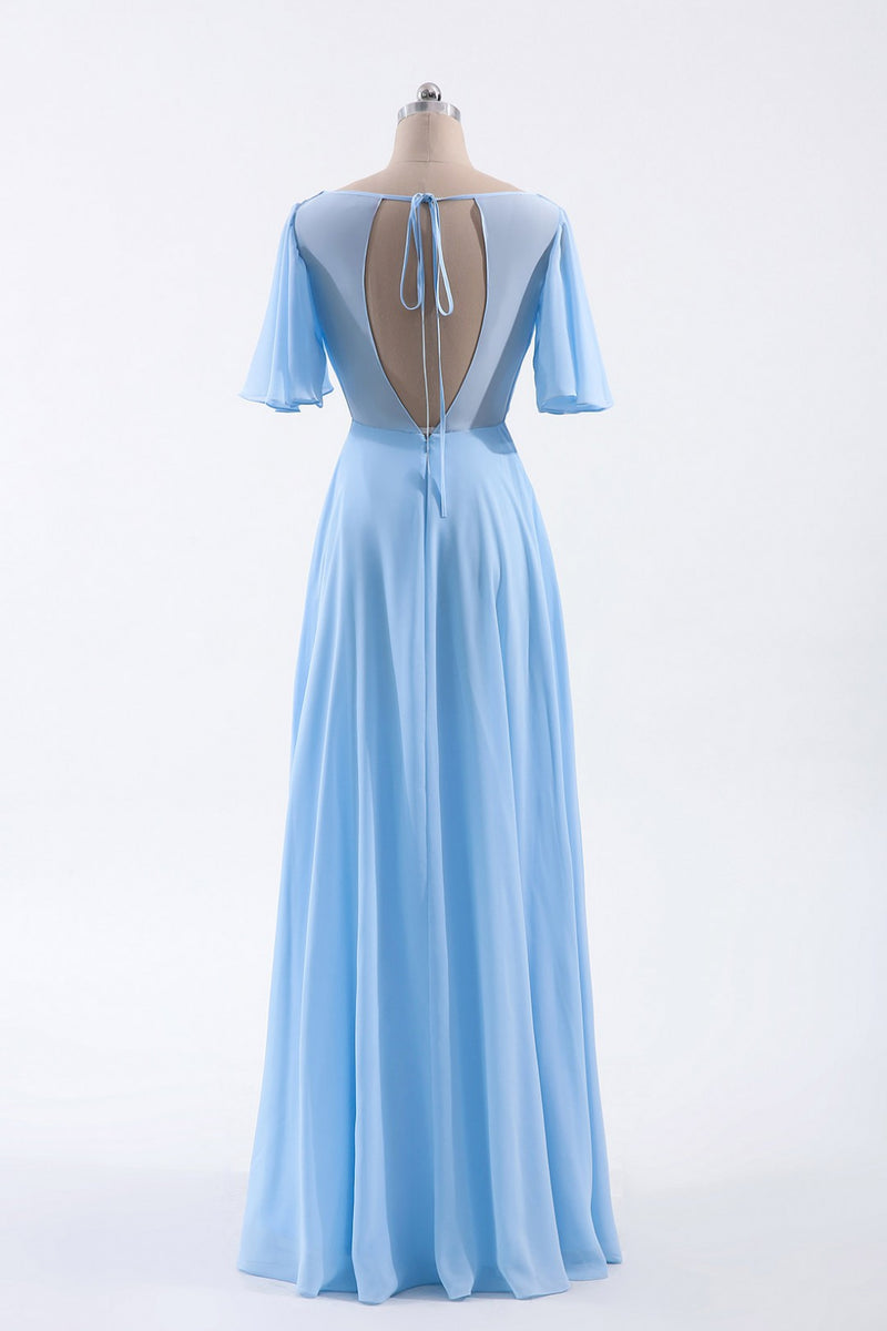 Flutter Sleeves Blue Chiffon A-line Long Bridesmaid Dress – Dreamdressy