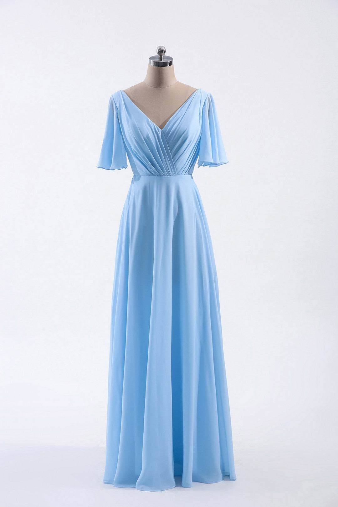 Flutter Sleeves Blue Chiffon A-line Long Bridesmaid Dress – Dreamdressy