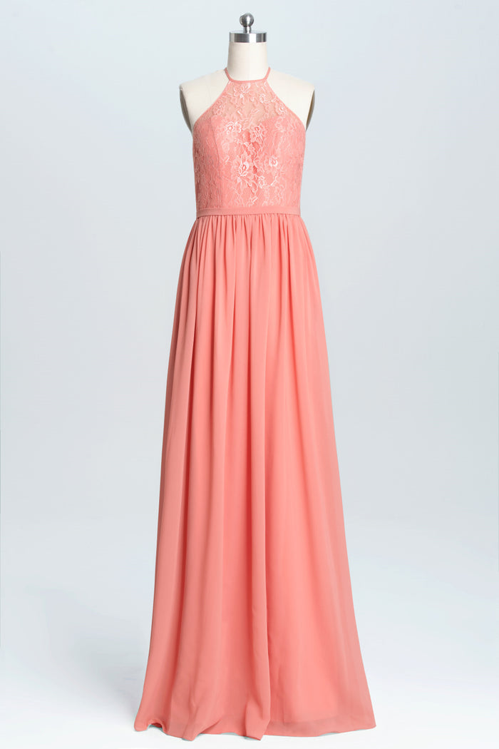 Halter Coral A-line Lace and Chiffon Long Bridesmaid Dress