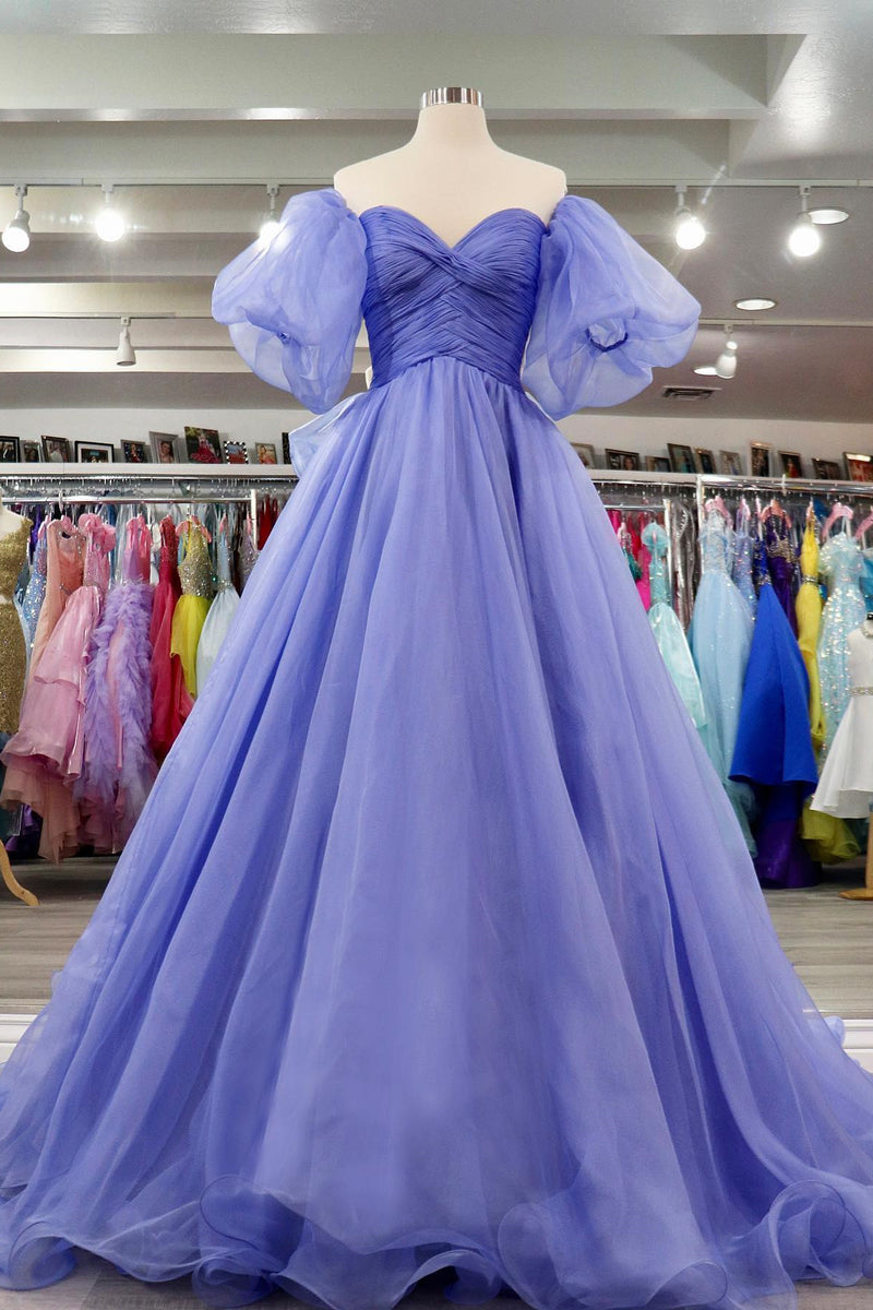 Lavender Tulle A-line Off-Shoulder Puff Sleeves Pleated Long Prom Dres Dreamdressy Lavender Tulle A-line Off-Shoulder Puff Sleeves Pleated Long Prom Dres Dreamdressy