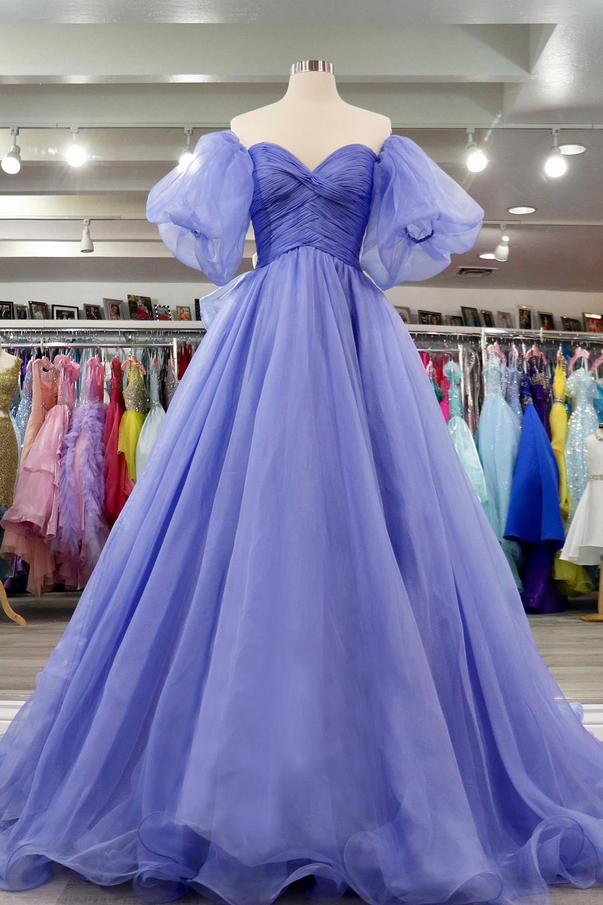 Lavender Tulle A-line Off-Shoulder Puff Sleeves Pleated Long Prom Dres Dreamdressy Lavender Tulle A-line Off-Shoulder Puff Sleeves Pleated Long Prom Dres Dreamdressy