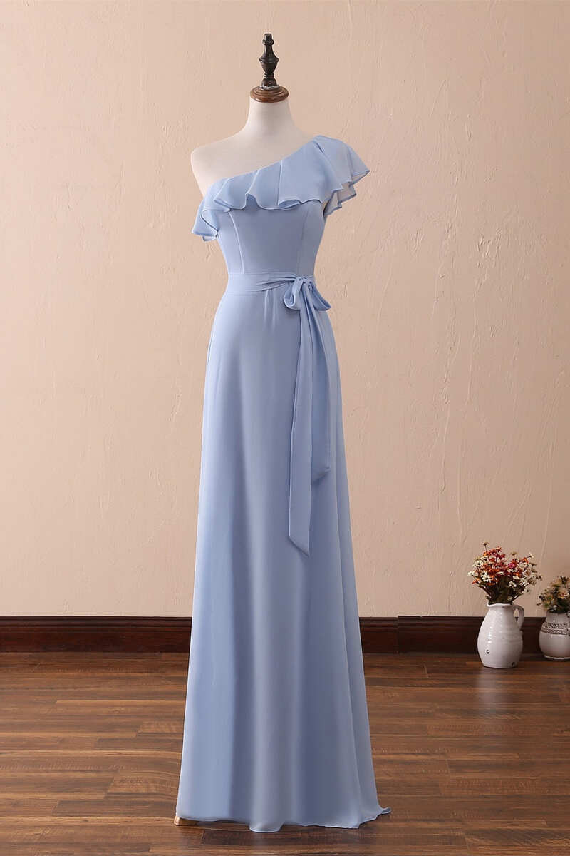 Periwinkle One-Shoulder Ruffled A-Line Long Bridesmaid Dress – Dreamdressy