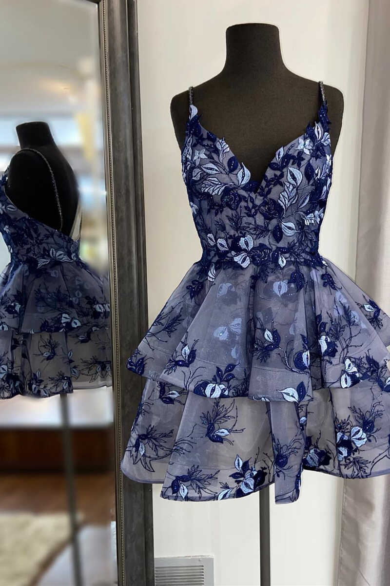 navy blue floral homecoming dress Jovani 45496 Short Homecoming Dress Ivory / 2