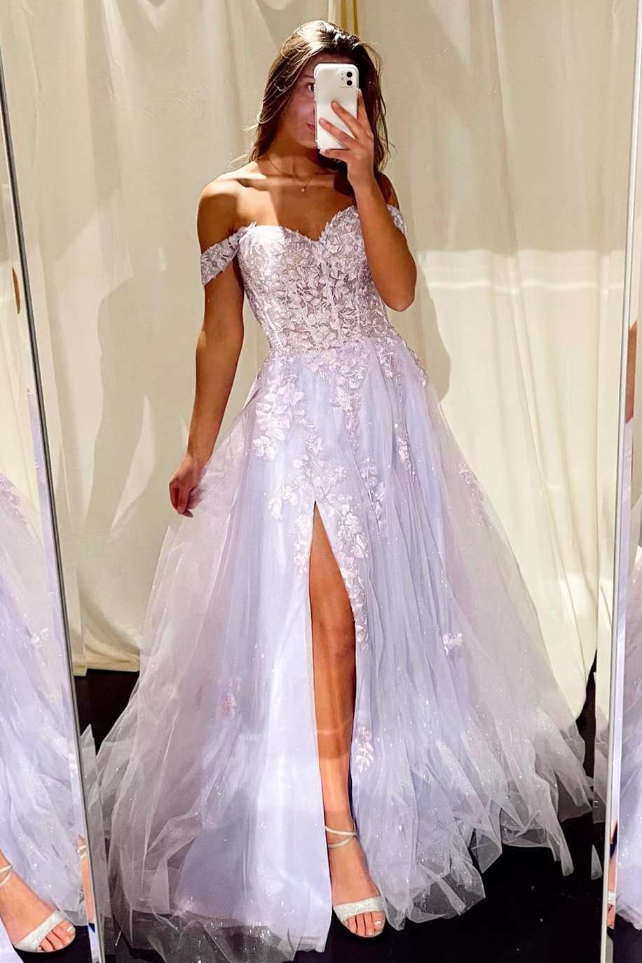 Light Lilac Floral Lace Off-the-Shoulder A-Line Prom Dress with Slit Light Lilac Floral Lace Off-the-Shoulder A-Line Prom Dress with Slit