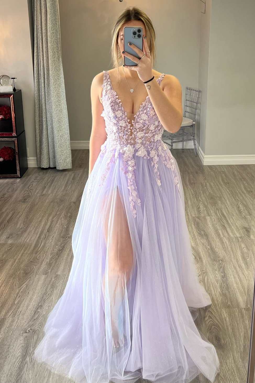 Lilac Tulle 3D Floral Lace A-Line Prom Gown with Slit  Dreamdressy