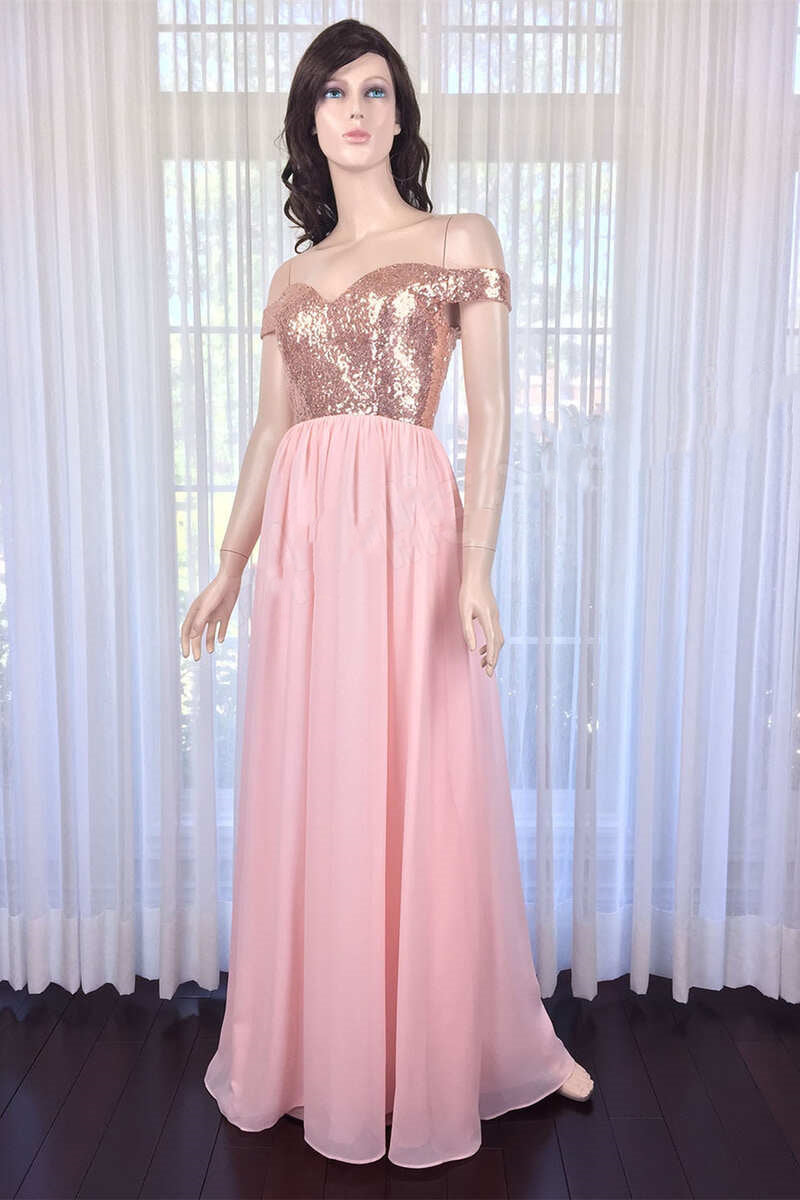 Pink Sequin Off-the-Shoulder Long Bridesmaid Dress – Dreamdressy