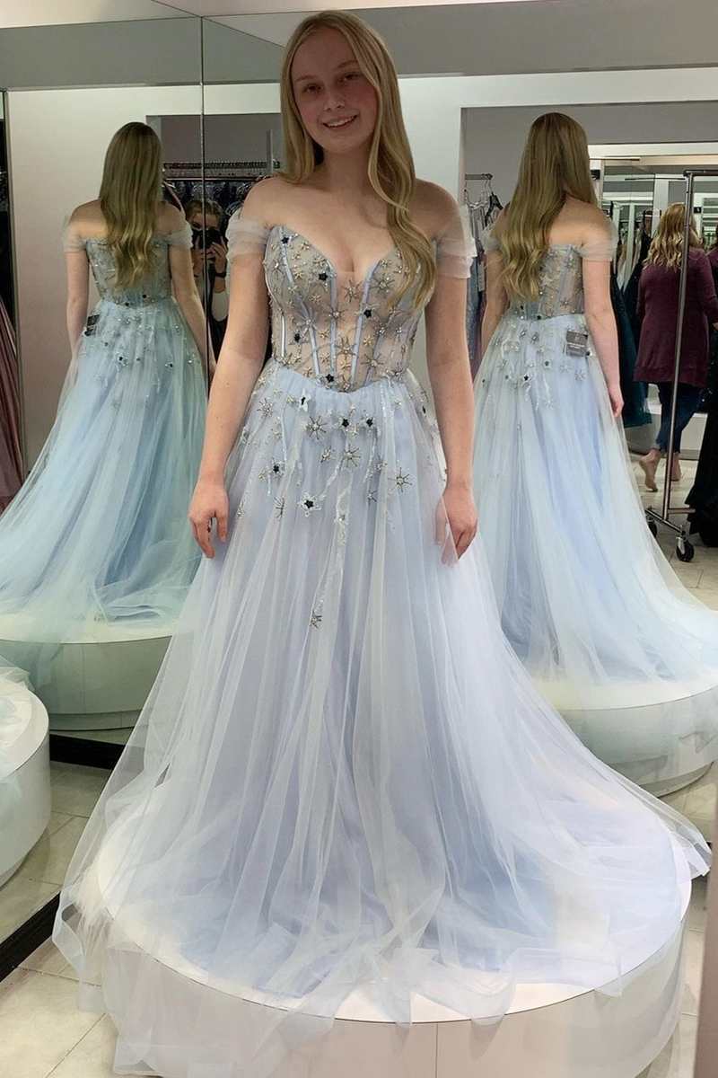 Fairy-Tale Light Blue Tulle Beaded Off-the-Shoulder A-Line Prom Gown Fairy-Tale Light Blue Tulle Beaded Off-the-Shoulder A-Line Prom Gown