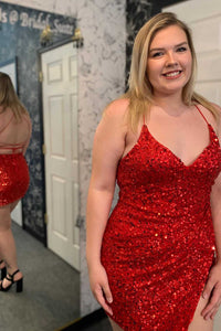 Red Sequin V-Neck Lace-Up Cocktail Dress with Slit