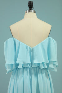 Off the Shoulder Blue Flounce Chiffon Long Bridesmaid Dress