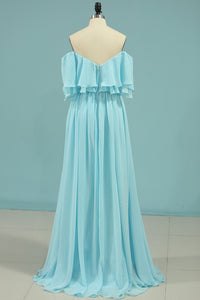 Off the Shoulder Blue Flounce Chiffon Long Bridesmaid Dress