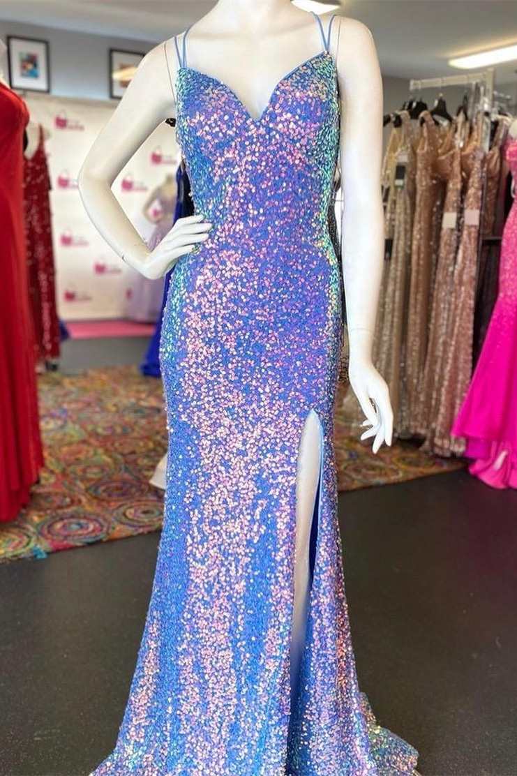 fitted lace wedding dress Purple Iridescent Sequin Empire Waist Lace-Up Mermaid Long Dress with Slit