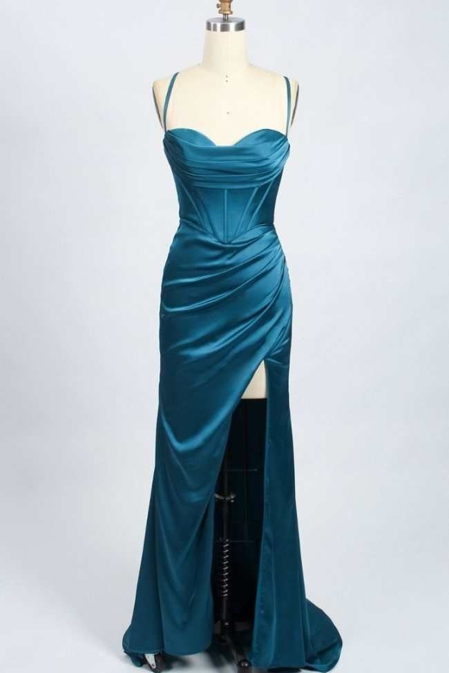blue cowl neck prom dress Graceful Smoky Blue Cowl Neck Ruched Corset Prom Dress with Slit 3XL / Blue