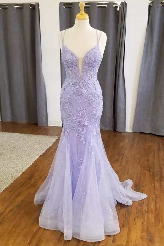 lavender flower prom dress Mermaid Lavender Floral Lace Straps Long Prom Dress – Dreamdressy