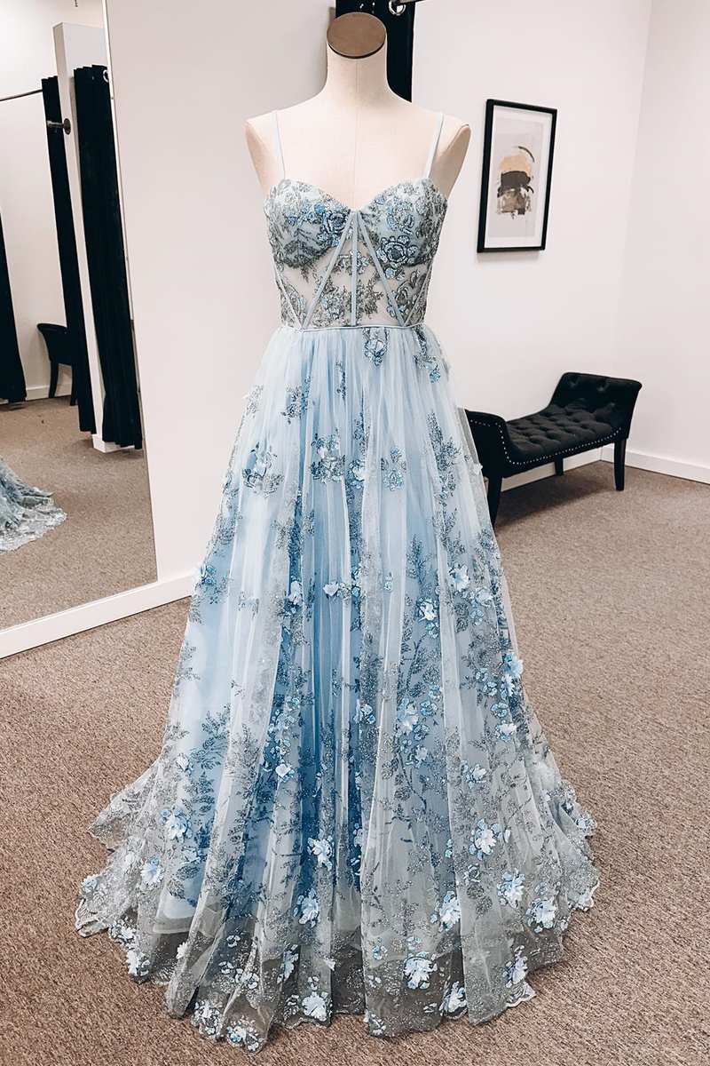 Blue 3D Floral Lace Sweetheart A-Line Long Prom Dress Blue 3D Floral Lace Sweetheart A-Line Long Prom Dress