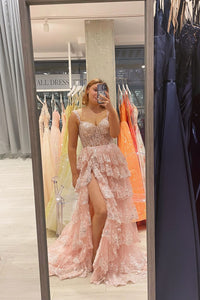 Light Blue Lace Sweetheart Tiered Long Prom Dress with Slit