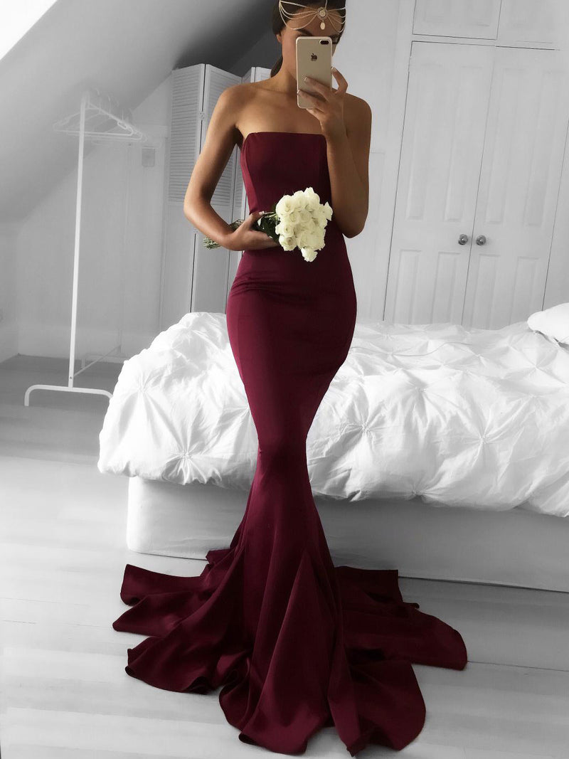 Gorgeous Strapless Burgundy Mermaid Long Bridesmaid Dress – Dreamdressy