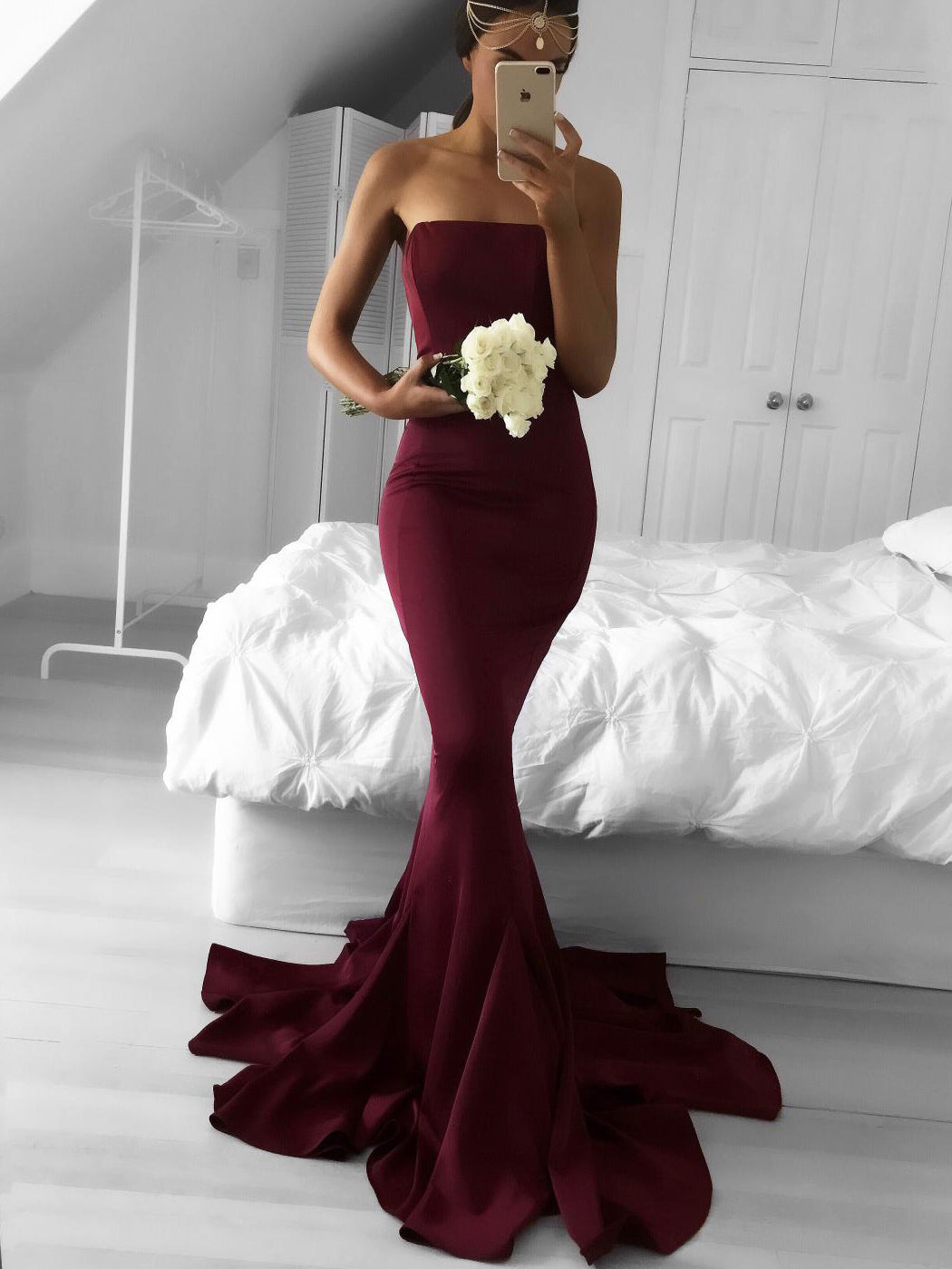 strapless burgundy bridesmaid dresses Black Sleeveless Satin Long Prom Dress With Split, Burgundy / 10
