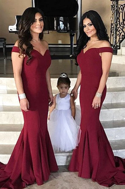Gorgeous Off Shoulder Burgundy Mermaid Long Bridesmaid Dress – Dreamdressy